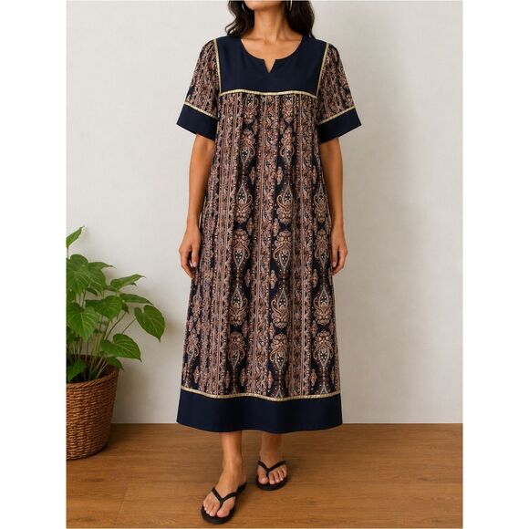 Vintage Dresses & Skirts - Krist Gudnason California Boho House Dress Size Large Black Paisley Caftan MuMu